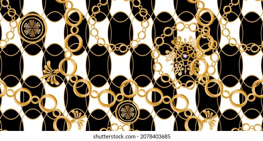 Decoración sin inconfundibles decorada con piedras preciosas, cadenas de oro y perlas.