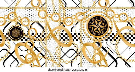 Decoración sin inconfundibles decorada con piedras preciosas, cadenas de oro y perlas.