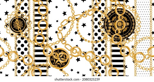 Seamless pattern decorated with precious stones, gold chains and pearls.