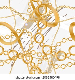 Seamless pattern decorated with precious stones, gold chains and pearls.