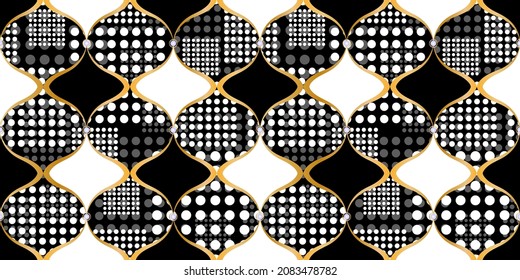 Seamless pattern decorated with precious stones, gold chains and pearls.