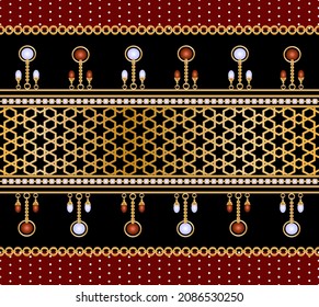 Seamless pattern decorated with precious stones, gold chains and pearls.