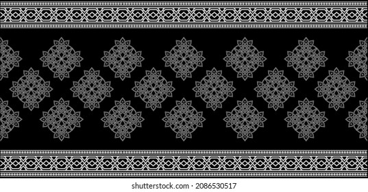 Seamless pattern decorated with precious stones, gold chains and pearls.
