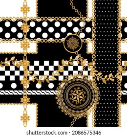Seamless pattern decorated with precious stones, gold chains and pearls.