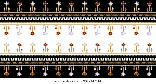 Decoración sin inconfundibles decorada con piedras preciosas, cadenas de oro y perlas.