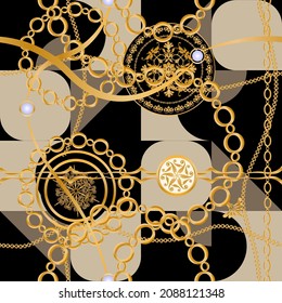 Seamless pattern decorated with precious stones, gold chains and pearls.