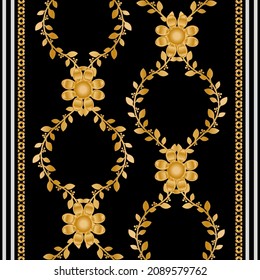 Seamless pattern decorated with precious stones, gold chains and pearls.