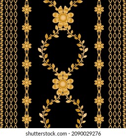 Seamless pattern decorated with precious stones, gold chains and pearls.