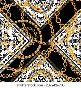 Seamless pattern decorated with precious stones, gold chains and pearls.