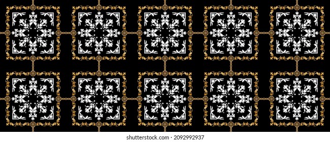 Seamless pattern decorated with precious stones, gold chains and pearls.