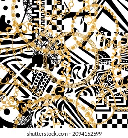 Seamless pattern decorated with precious stones, gold chains and pearls.