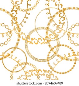Seamless pattern decorated with precious stones, gold chains and pearls.
