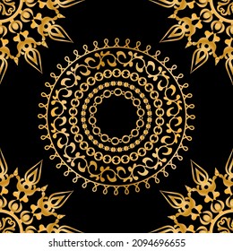 Seamless pattern decorated with precious stones, gold chains and pearls.