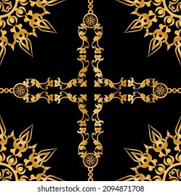 Seamless pattern decorated with precious stones, gold chains and pearls.
