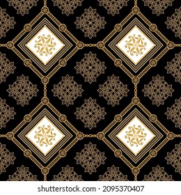 Seamless pattern decorated with precious stones, gold chains and pearls.