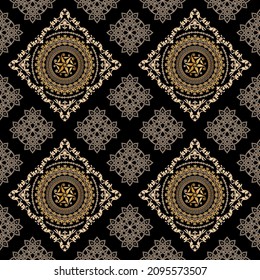 Seamless pattern decorated with precious stones, gold chains and pearls.