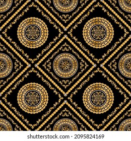 Seamless pattern decorated with precious stones, gold chains and pearls.