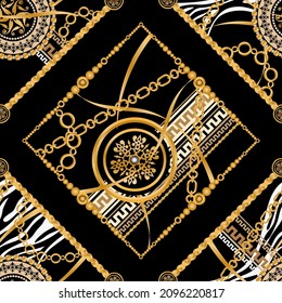 Seamless pattern decorated with precious stones, gold chains and pearls.