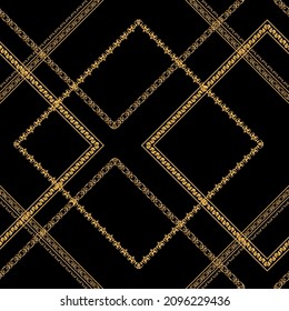 Seamless pattern decorated with precious stones, gold chains and pearls.