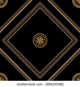 Seamless pattern decorated with precious stones, gold chains and pearls.