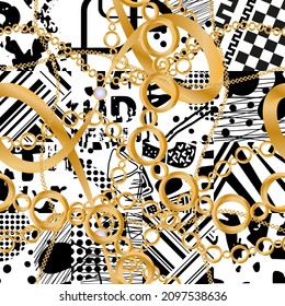 Seamless pattern decorated with precious stones, gold chains and pearls.