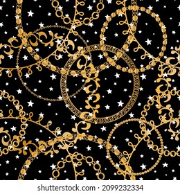 Seamless pattern decorated with precious stones, gold chains and pearls.