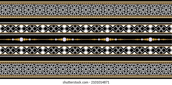 Seamless pattern decorated with precious stones, gold chains and pearls.