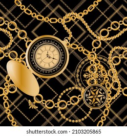 Seamless pattern decorated with precious stones, gold chains and pearls.