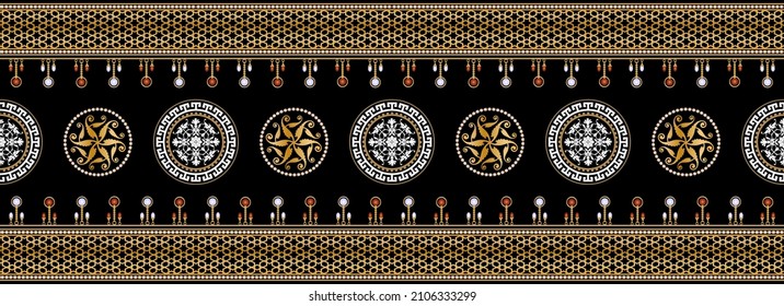 Seamless pattern decorated with precious stones, gold chains and pearls.