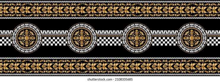 Seamless pattern decorated with precious stones, gold chains and pearls.