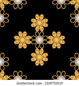 Seamless pattern decorated with precious stones, gold chains and pearls.