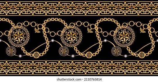 Seamless pattern decorated with precious stones, gold chains and pearls.