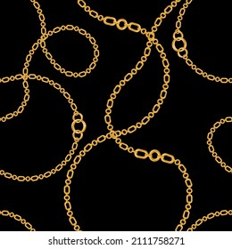 Seamless pattern decorated with precious stones, gold chains and pearls.