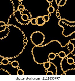 Seamless pattern decorated with precious stones, gold chains and pearls.