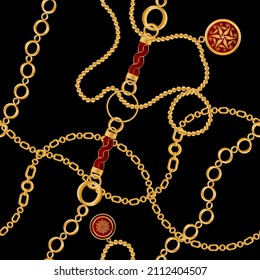 Seamless pattern decorated with precious stones, gold chains and pearls.