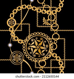 Seamless pattern decorated with precious stones, gold chains and pearls.