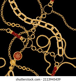 Decoración sin inconfundibles decorada con piedras preciosas, cadenas de oro y perlas.
