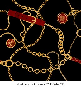 Seamless pattern decorated with precious stones, gold chains and pearls.