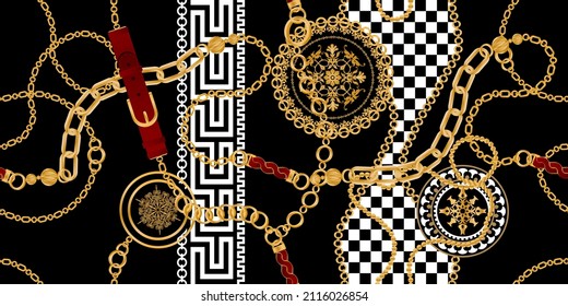 Seamless pattern decorated with precious stones, gold chains and pearls.