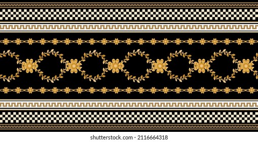 Seamless pattern decorated with precious stones, gold chains and pearls.