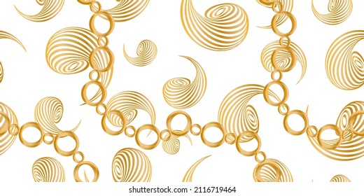 Seamless pattern decorated with precious stones, gold chains and pearls.