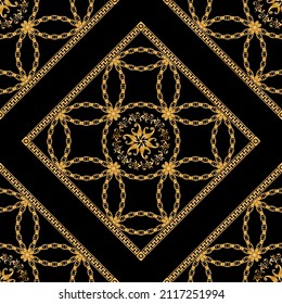 Seamless pattern decorated with precious stones, gold chains and pearls.