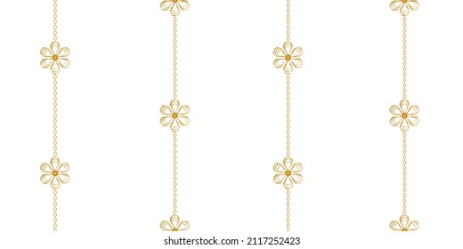 Seamless pattern decorated with precious stones, gold chains and pearls.