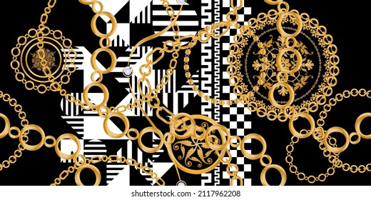 Seamless pattern decorated with precious stones, gold chains and pearls.