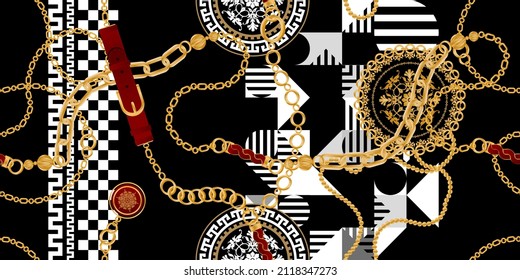Seamless pattern decorated with precious stones, gold chains and pearls.