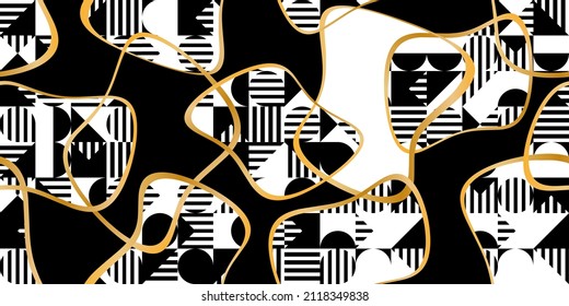 Seamless pattern decorated with precious stones, gold chains and pearls.