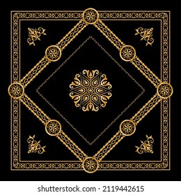 Seamless pattern decorated with precious stones, gold chains and pearls.