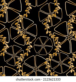 Seamless pattern decorated with precious stones, gold chains and pearls.
