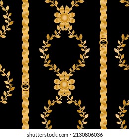 Seamless pattern decorated with precious stones, gold chains and pearls.