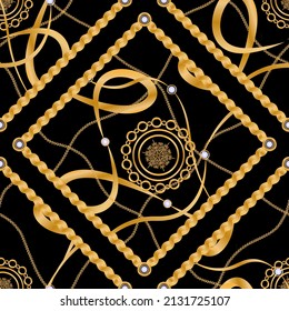 Seamless pattern decorated with precious stones, gold chains and pearls.